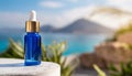 Mock-up of blank glass blue cosmetic serum bottle, natural blurred backdrop. Natural skin care product