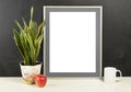 Mock up of blank photo frame with plant pot, mug and apple on wooden shelf. Royalty Free Stock Photo