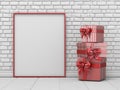 Mock up blank picture frame, Christmas decoration and striped