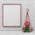 Mock up blank picture frame, Christmas decoration wireframe pyramid and decoration ball 3D