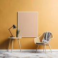 Mock up blank poster frame on yellow wall, wicker chair and coffee table with black lamp near it. Interior design of modern living Royalty Free Stock Photo