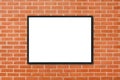 Mock up blank poster picture frame hanging on red brick wall background in room - can be used mock up for montage products display Royalty Free Stock Photo