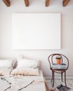 Mock up blank poster on the wall of bedroom, 3D illustration background, Royalty Free Stock Photo