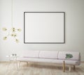 Mock up blank poster on the wall of hipster living room, 3D rendering,