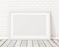 Mock up blank white horizontal picture frame on the white brick wall and the vintage floor