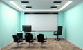 Board room - empty office concept , business interior with chairs and plants and wooden floor on mint wall empty. 3D rendering Royalty Free Stock Photo