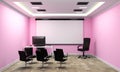 Board room - empty office concept , business interior with chairs and plants and wooden floor on pink wall empty. 3D rendering Royalty Free Stock Photo