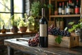 Mock-up of a bottle of red wine standing on a wooden table in the room