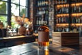 Mock-up of a bottle of whisky standing on a wooden table in the room