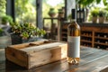 Mock-up of a bottle of white wine standing on a wooden table in the room