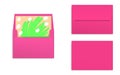 Mock-up of bright pink, decorated envelope with rectangle flip.