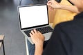 Mock up businessman working empty screen computer on sofa in home
