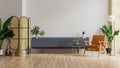 Mock up cabinet in modern living room with leather armchair and plant on white wall background