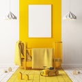 Mock up of a children`s bedroom in a locally yellow color. Scandinavian style. 3d rendering.