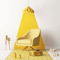 Mock up of a children`s bedroom in a locally yellow color. Scandinavian style. 3d rendering.