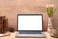 Computer laptop, books, coffee cup, glasses and flowers pot on wooden table. Royalty Free Stock Photo