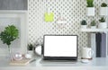 Mock up computer laptop, books, houseplants and picture frame on white table Royalty Free Stock Photo