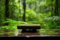 Mock Up For A Cosmetic Or Food Product. Wooden Podium Tabletop Blurs The Green Backdrop Of The Rainforest Nature. Generative AI Royalty Free Stock Photo