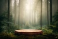 Mock Up For A Cosmetic Or Food Product.Wooden Podium Tabletop Blurs The Misty Forest And Tall Trees Backdrop, Closeup. Generative