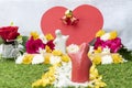 Mock up couple hugging at a simulated wedding decorated with roses and flowers. Valentine day concept