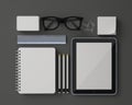 Mock up 3d model of white blank stationery design template set with tablet and obstacles isolated on grey background Royalty Free Stock Photo