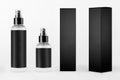 Mock up for design of packing cosmetics - different transparent dispenser bottles, black label, black paper boxes of different.
