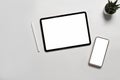 Digital tablet and smart phone with blank screen on white background. Royalty Free Stock Photo