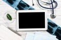 Mock up of doctors desktop with medical supplies Royalty Free Stock Photo