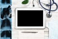 Mock up of doctors desktop with medical supplies Royalty Free Stock Photo