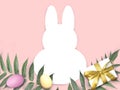 Mock up Easter composition with bunny template frame, multicolor eggs, palm leaves on pink background. Royalty Free Stock Photo