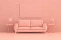 Mock up empty or blank poster frame on a pink wall background with sofa, floor lamp and decorative plants. 3D Rendering Pink Royalty Free Stock Photo