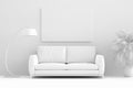 Mock up empty or blank poster frame on a white wall background with sofa, floor lamp and decorative plants. 3D Rendering white Royalty Free Stock Photo