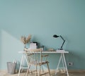 mock up empty green wall in modern interior background with wooden office