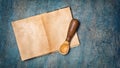 Mock up of empty old vintage cookbook with yellowed paper pages and rustic spoon