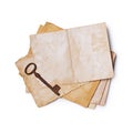 Mock up of empty old vintage yellowed paper sheet and rust key Royalty Free Stock Photo