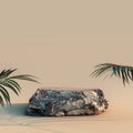 Mock up empty podium made from natural rock with green plant on tan background Royalty Free Stock Photo