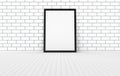 Mock up empty poster frame on the wooden floor. Modern interior with white brick wall 3d rendering mockup Royalty Free Stock Photo