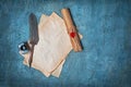 Mock up of empty vintage paper sheets with quill pen and bottle of black ink Royalty Free Stock Photo