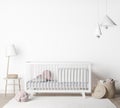 Mock Up empty Wall In farmhouse nursery mockup Interior Background , White baby room, Scandinavian Style, Royalty Free Stock Photo