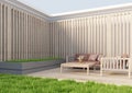 Mock up exterior garden house minimalist style beige and wooden slatted wall.3d rendering