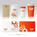 Mock up food and drink packages. Orange style. Corporate identity template set with pattern of fast food restaurant.