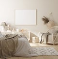 Mock up frame in bedroom interior background, beige room with natural wooden furniture Royalty Free Stock Photo