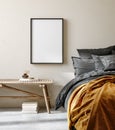 Mock up frame in bedroom interior background, nomadic room with natural wooden furniture Royalty Free Stock Photo