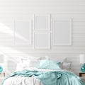 Mock up frame in bedroom interior, marine room with sea decor and furniture, Coastal style Royalty Free Stock Photo