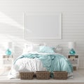 Mock up frame in bedroom interior, marine room with sea decor and furniture, Coastal style Royalty Free Stock Photo