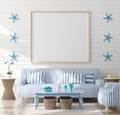 Mock up frame in bedroom interior, marine room with sea decor and furniture, Coastal style Royalty Free Stock Photo