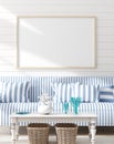 Mock up frame in bedroom interior, marine room with sea decor and furniture, Coastal style Royalty Free Stock Photo