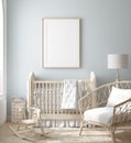 Mock up frame in boy nursery with natural wooden furniture Royalty Free Stock Photo