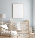 Mock up frame in boy nursery with natural wooden furniture Royalty Free Stock Photo