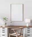 Mock up frame in bright farmhouse interior background, wooden office